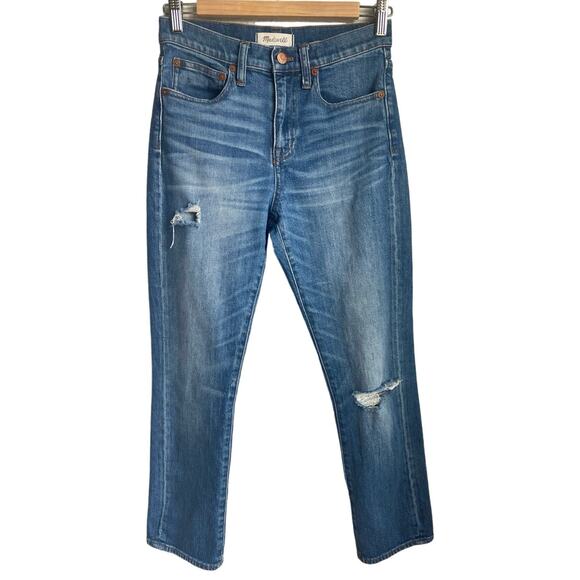 Madewell Denim - MADEWELL Straight Crop High Rise Whiskered Distressed Jeans Roger Wash Size 25